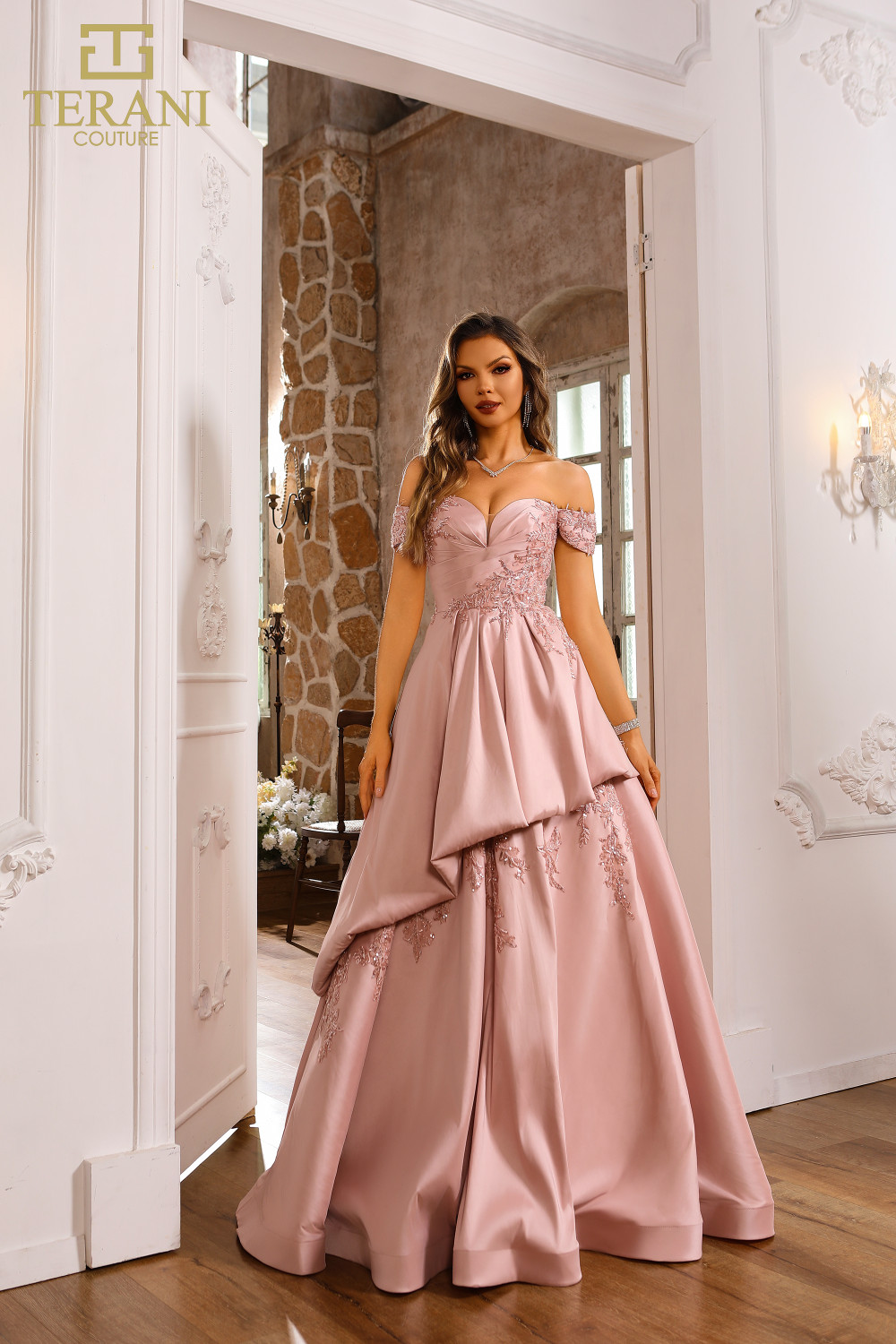 Terani Off Shoulder Satin Gown Terani Couture 251M4062 Satin Off