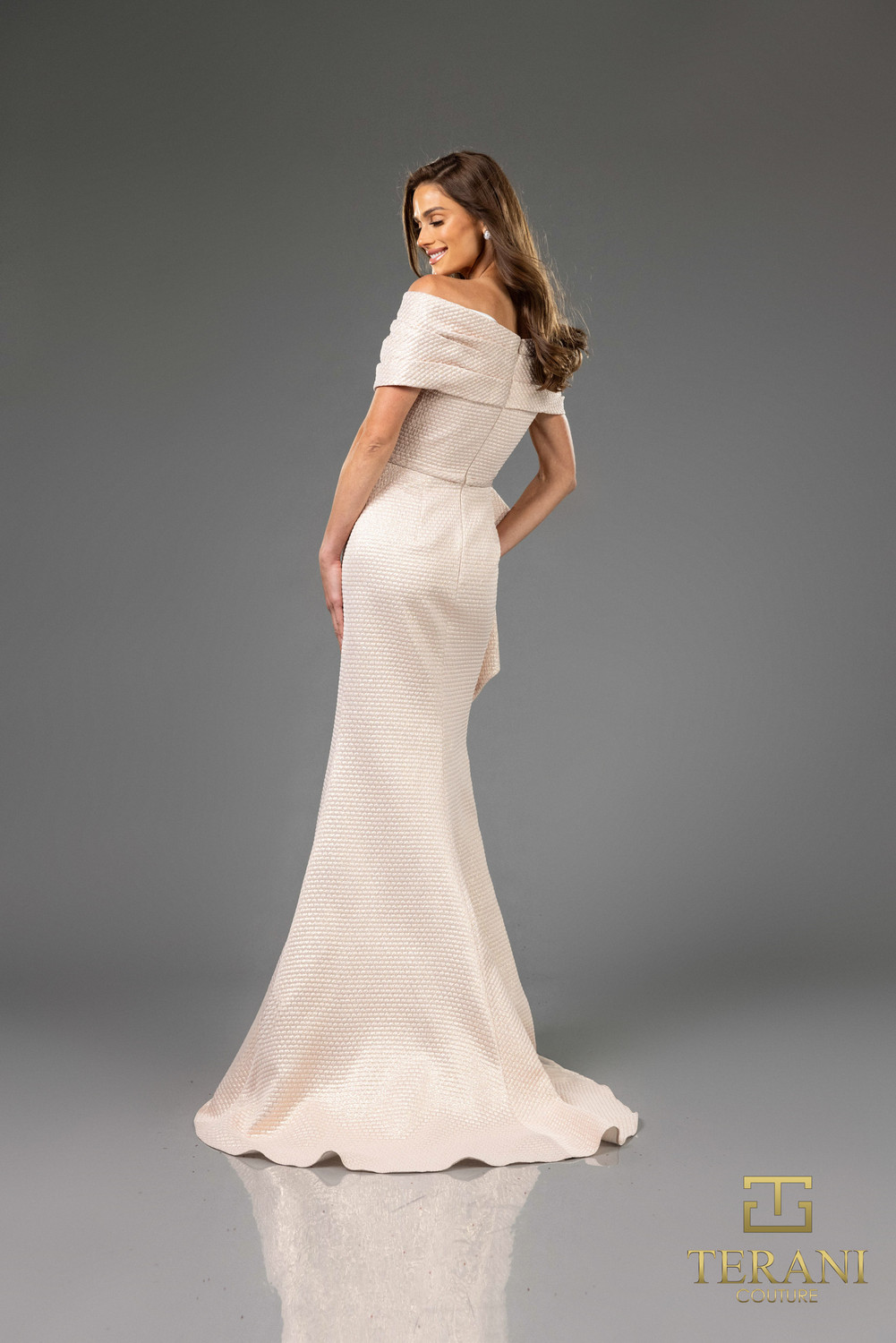 Terani Couture 251M4448 Metallic Jacquard Off Shoulder Dress