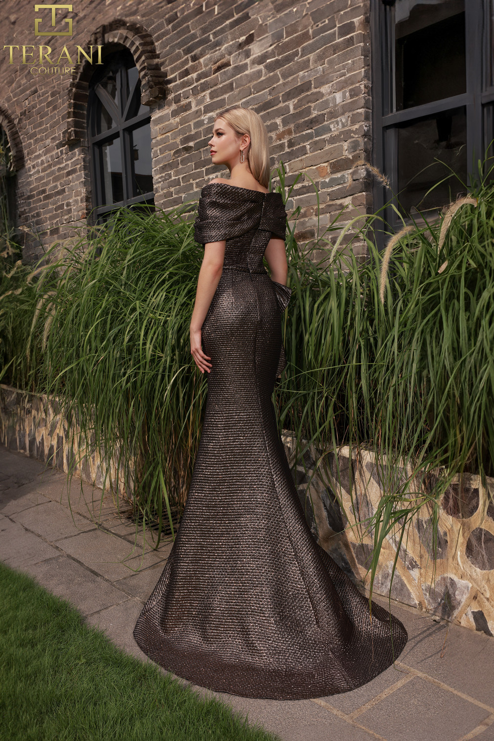 Terani Couture 251M4448 Metallic Jacquard Off Shoulder Dress