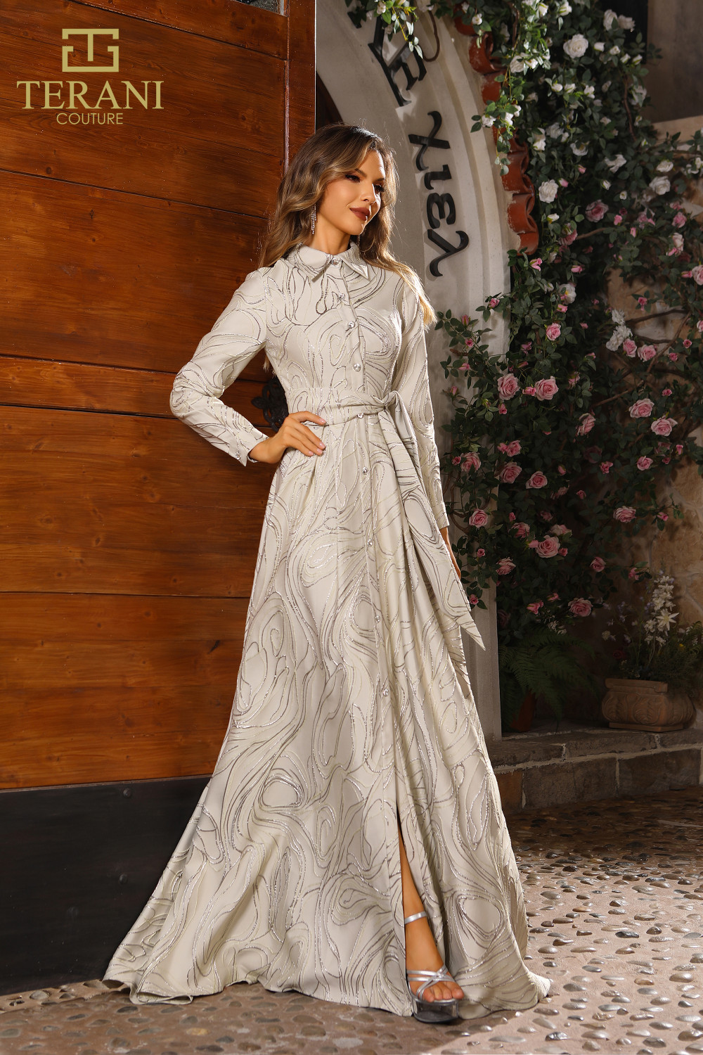 designer jacquard dresses Terani Couture 251M4458 Jacquard Full Sleeves A-Line Dress