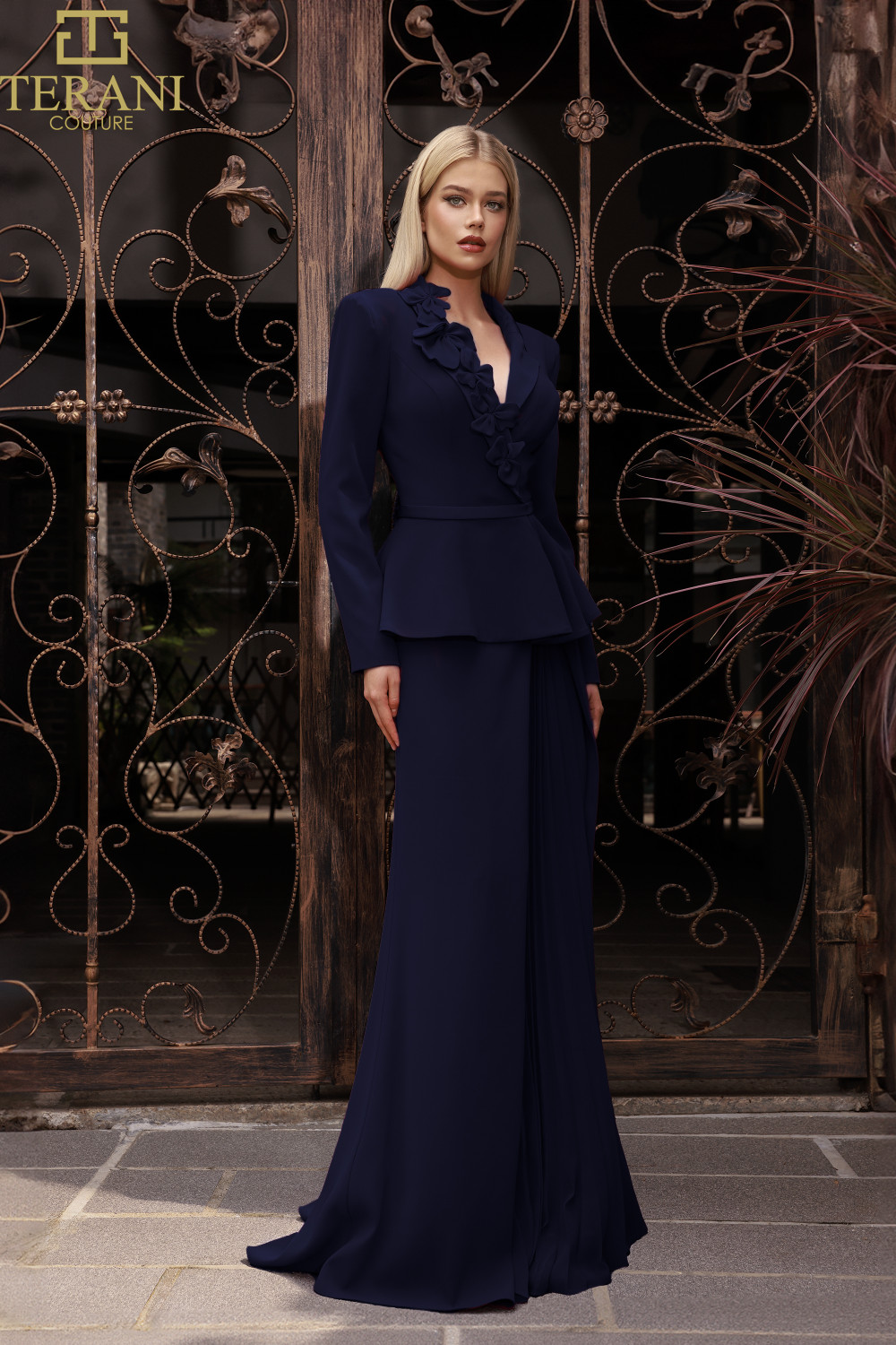 Terani Couture 251M4572 Crepe V-neck Full Sleeves Long Dress