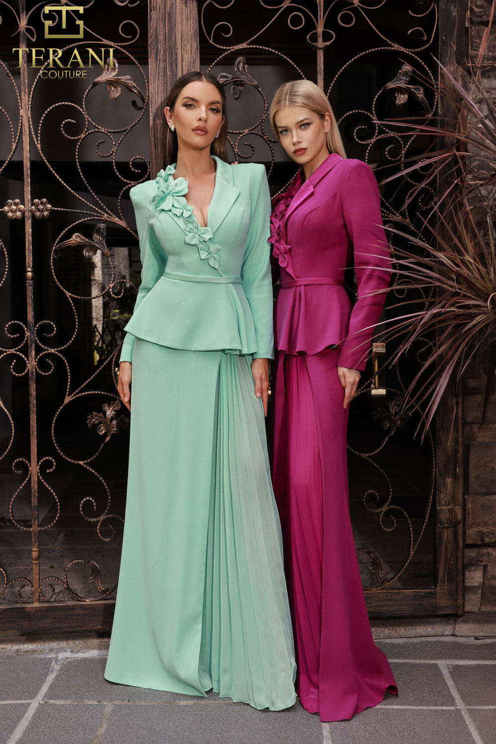 Terani Couture 251M4572 Crepe V-neck Full Sleeves Long Dress