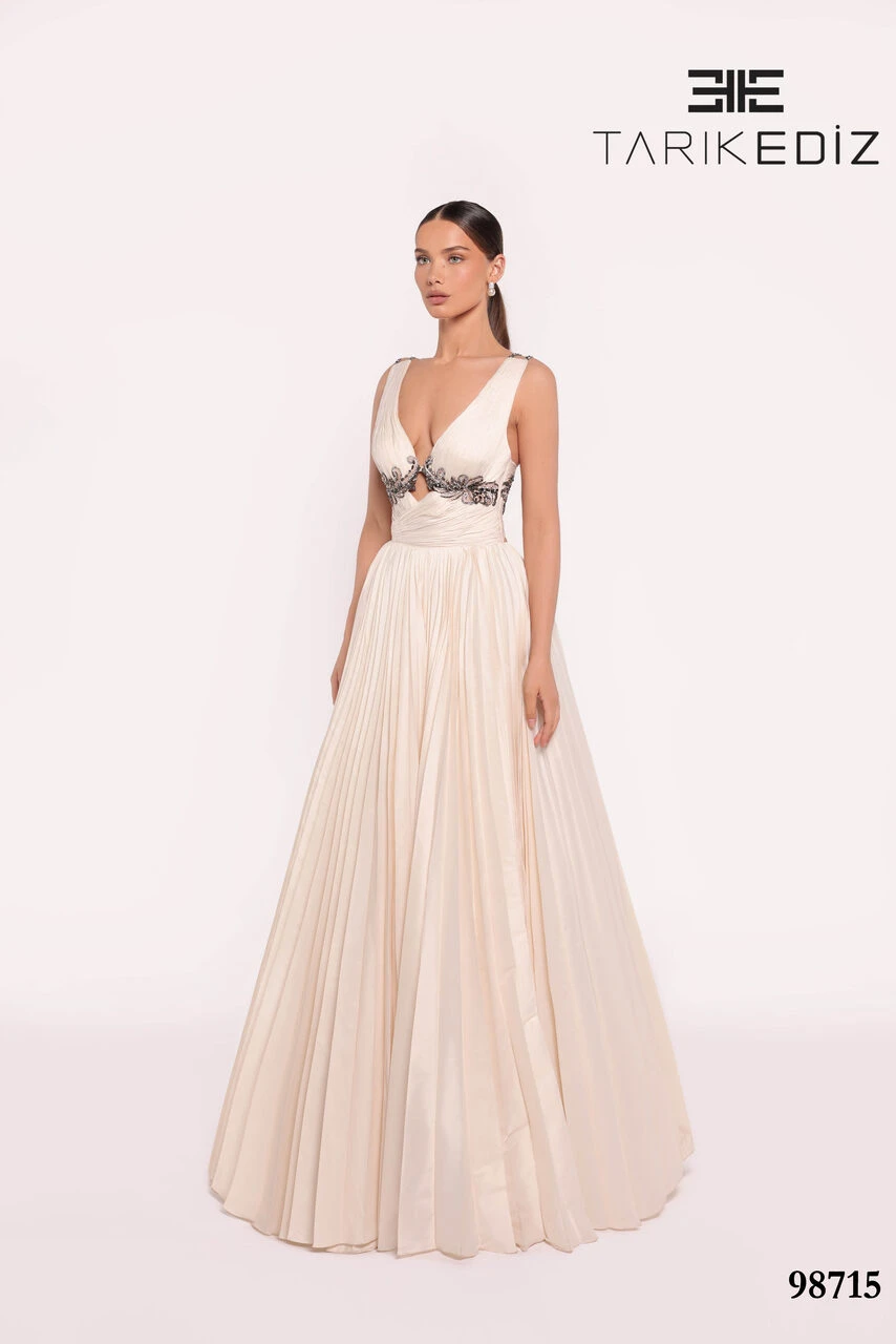 Tarik Ediz 98715 Taffeta V-Neck Straps Sleeves Long Dress