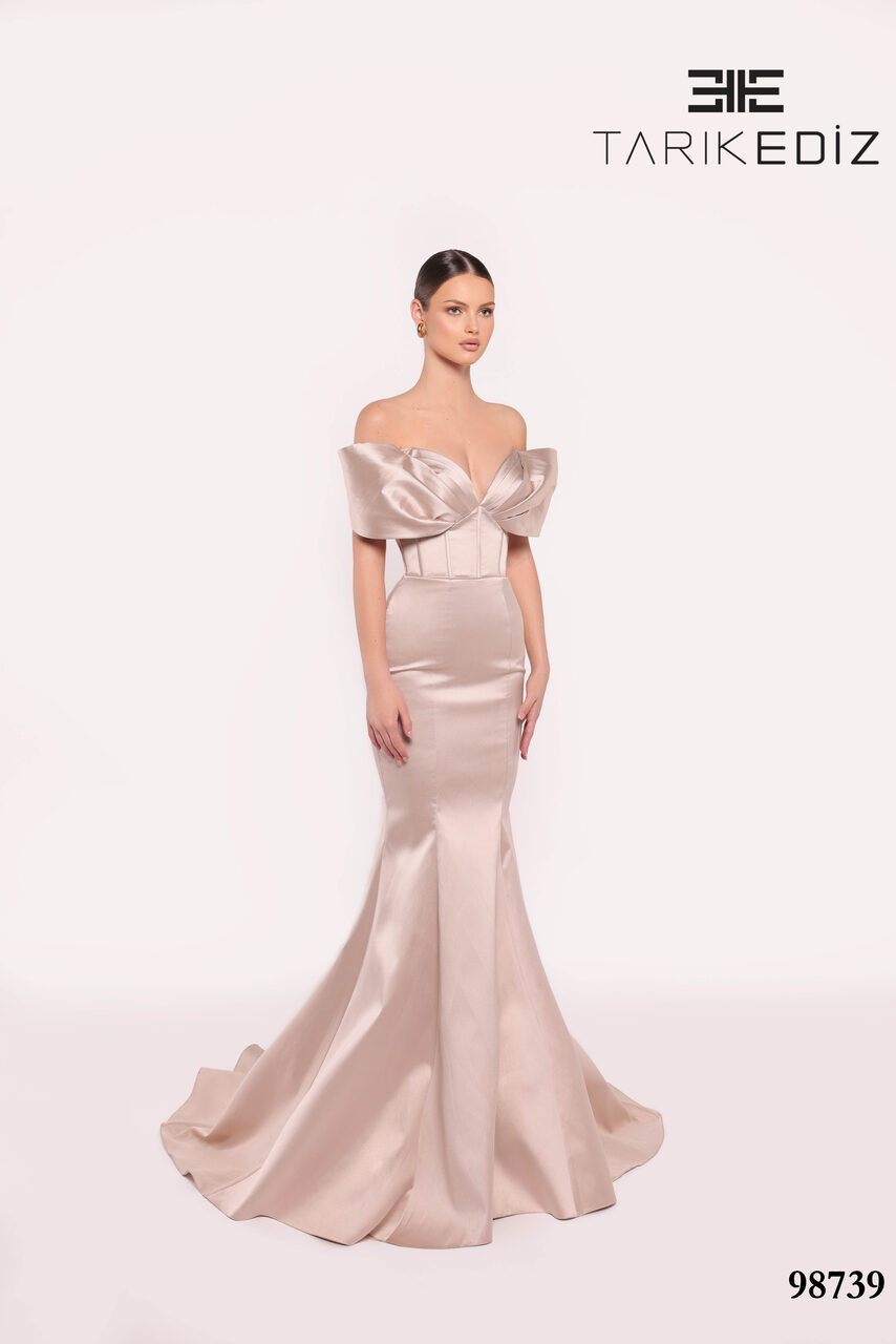 Tarik Ediz 98739 Taffeta Off Shoulder Sleeve Fitted Dress
