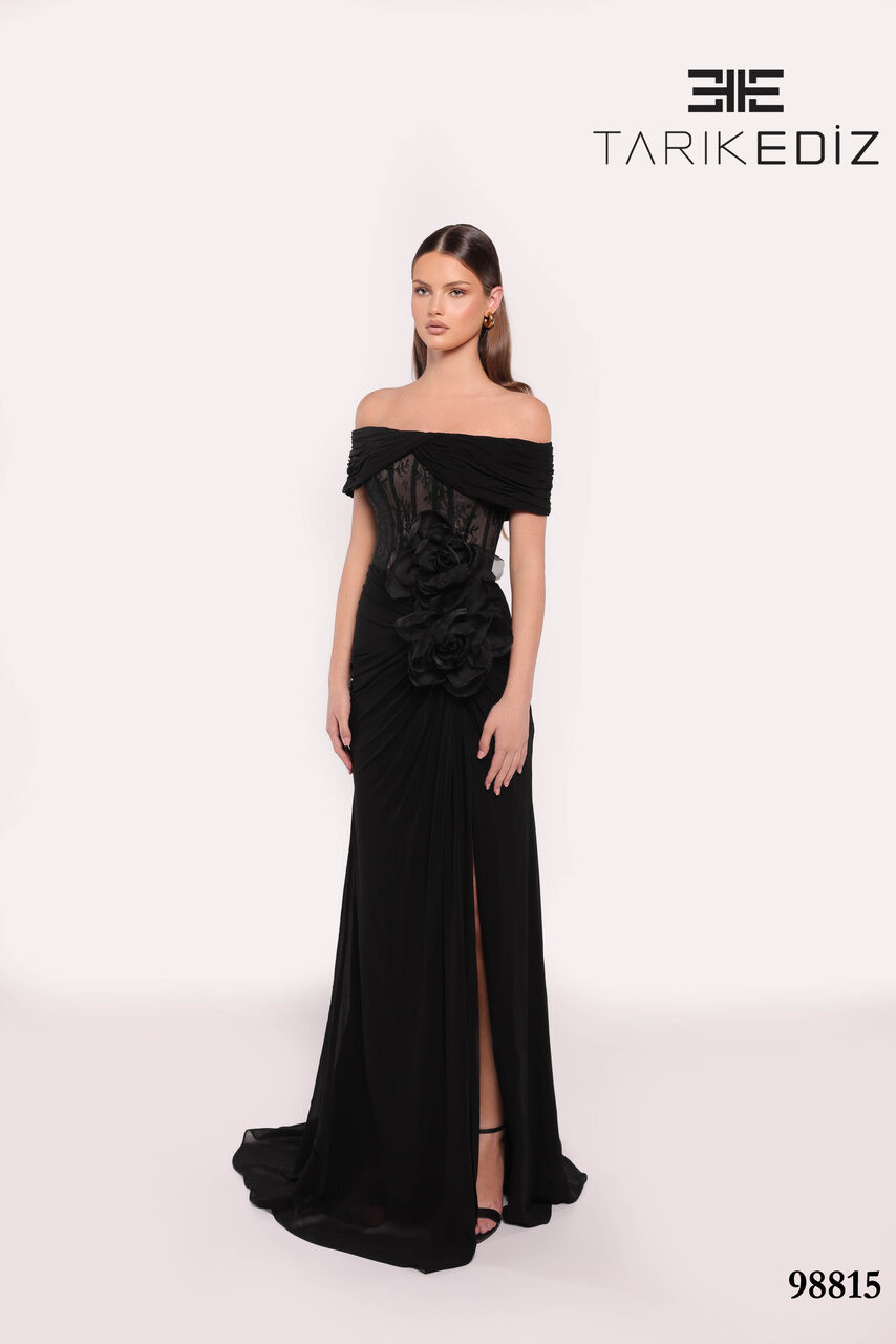 Tarik Ediz 98815 Chiffon Off-shoulder Straight Neck Dress Tarik Ediz 98815 Chiffon Off-shoulder Straight Neck Dress