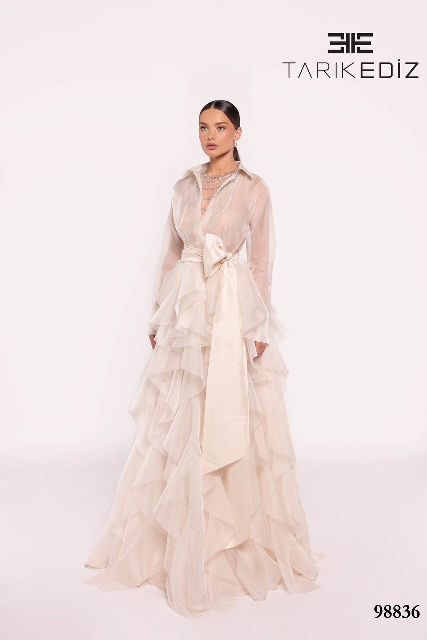 strapless open back dress Tarik Ediz 51172 Puffed Cap Sleeve Marine Dress Pre-Order 12 / Blue main image 1