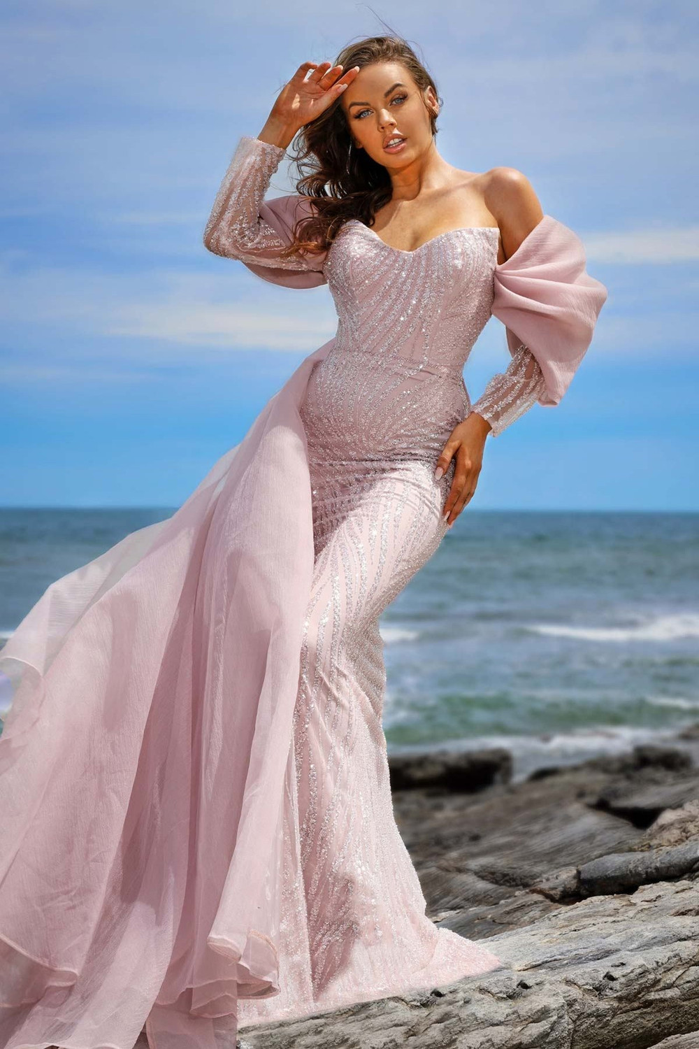 MNM Couture M1051 Sequin Organza V-Neck Side Skirt Dress
