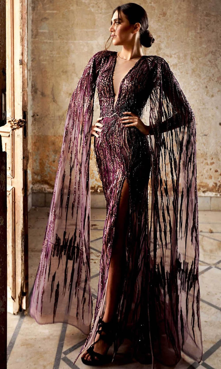 MNM Couture K3952 Beaded Illusion Neck Cape Sleeve Dress