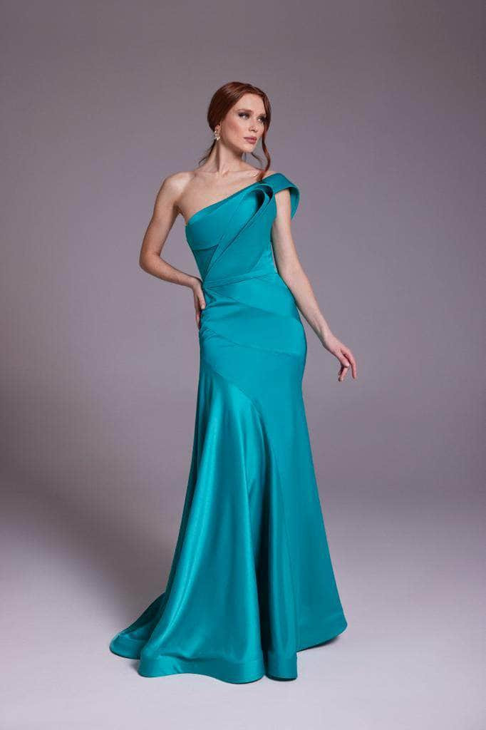 MNM Couture N0543 Satin Silk Asymmetric Neck Long Gown