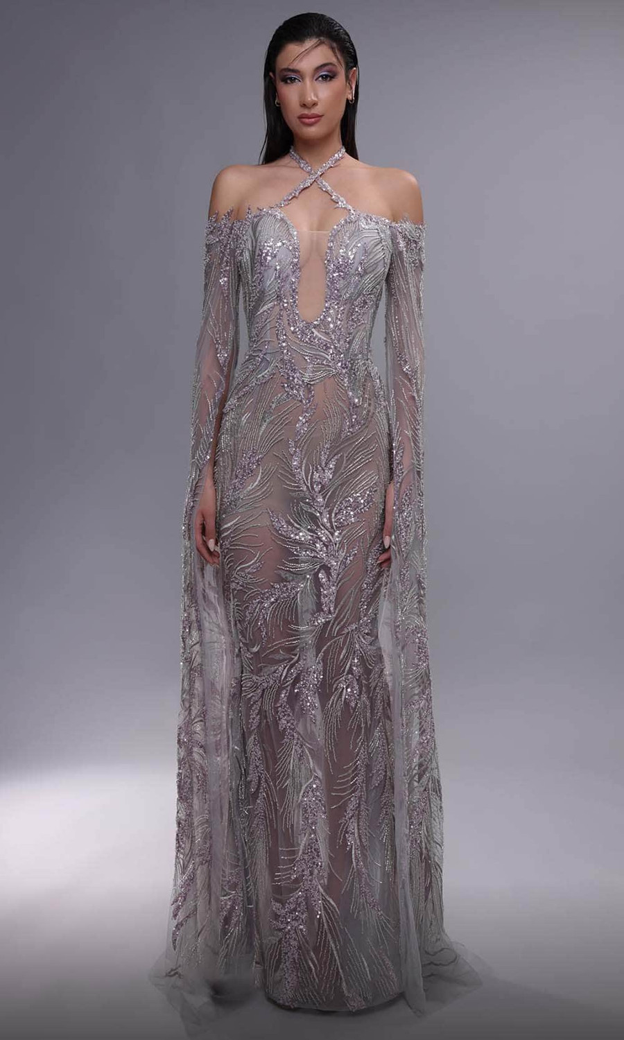 strappy structured drop waist midi dress MELODY Beaded Illusion Neckline Fitted Gown main image 0