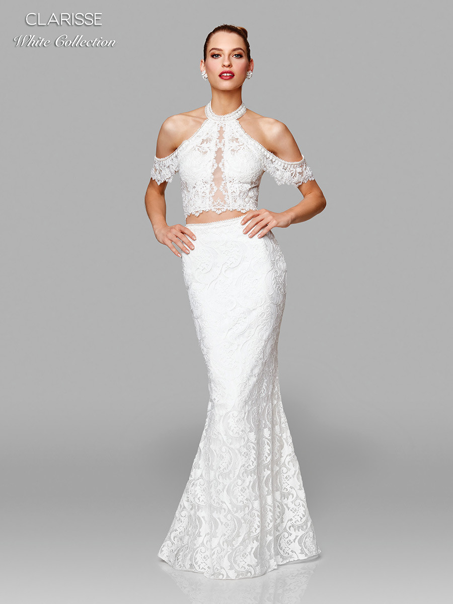 Clarisse 600153 Lace Halter Neck Crop Top Two Piece Gown Clarisse 600153 Lace Halter Neck Crop Top Two Piece Gown