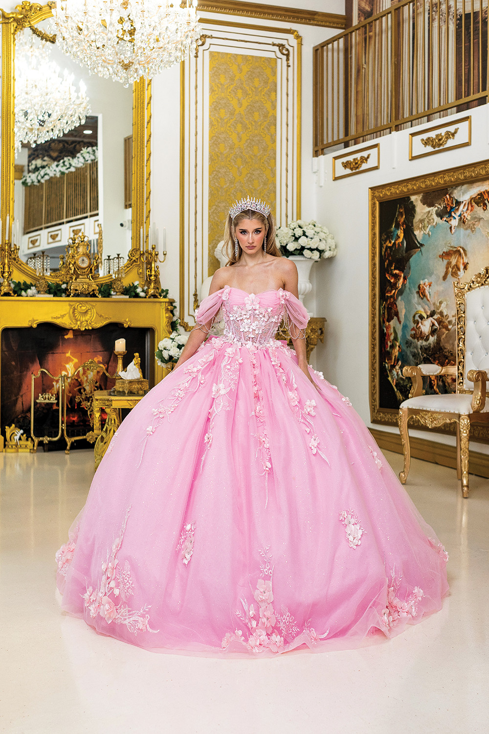 pink quinceanera dresses puffy Light Pink Glitter Tulle Princess Ball Gown | Off-Shoulder Quinceaera Dress  with Puffy Sleeves GL3546