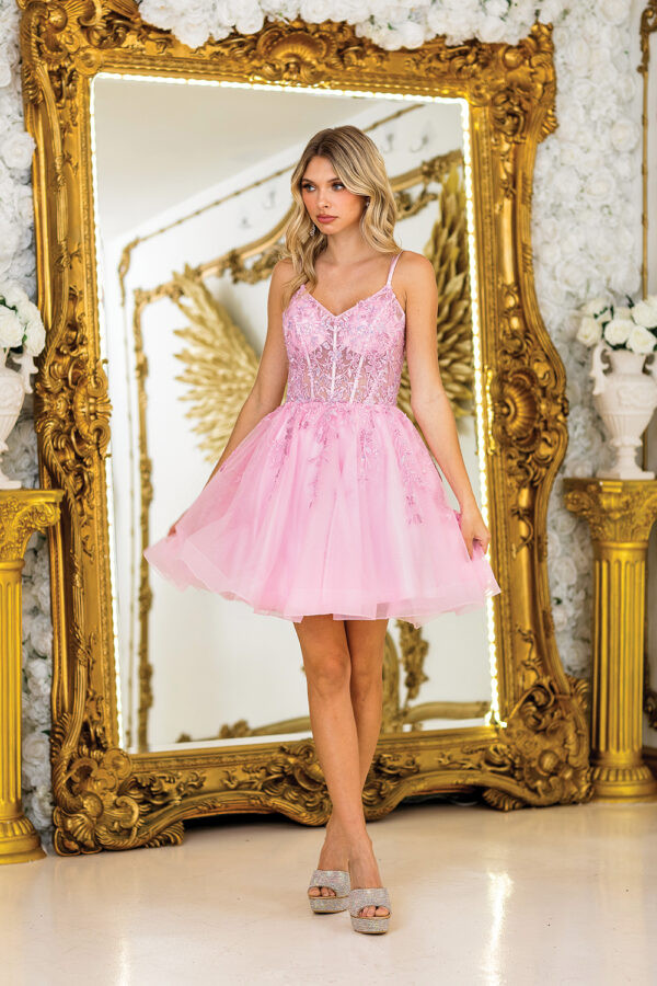 Dancing Queen 3415 Embroidered Spaghetti Strap Short Dress