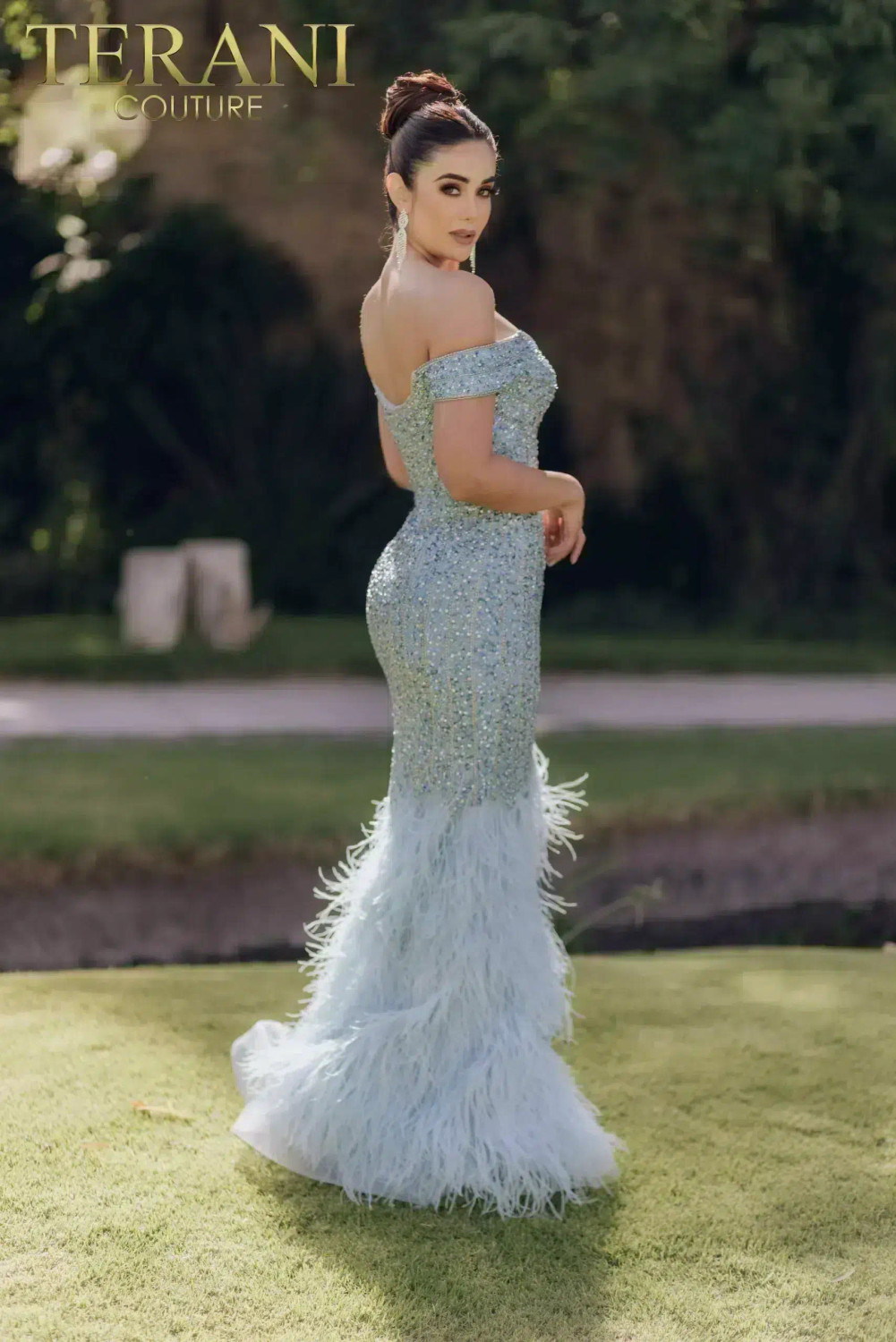 Terani Couture 232GL1478 Feathered Hem Off-Shoulder Dress