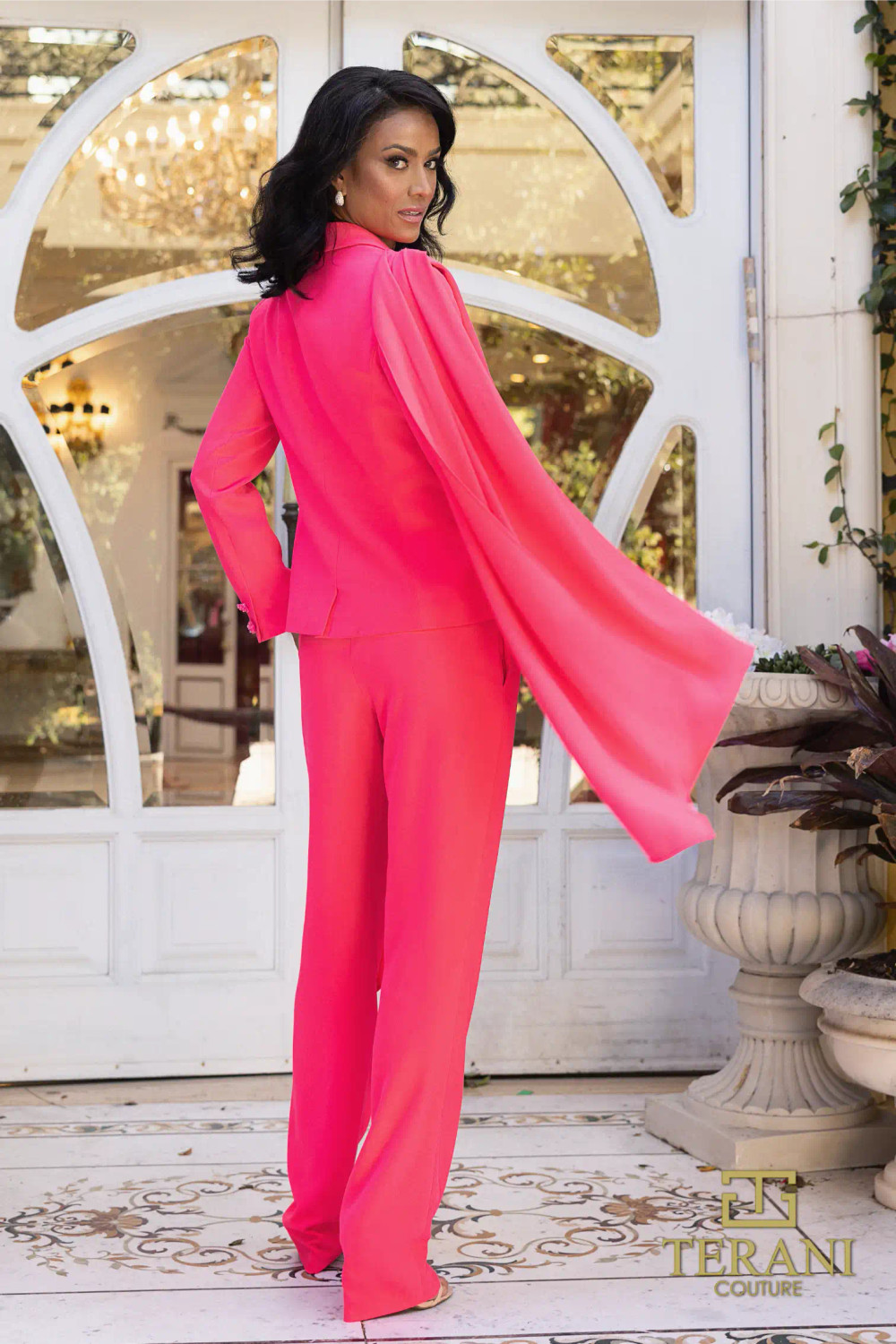 Terani Couture 242E3180 Crepe V-Neck Long Sleeves Pant Suit