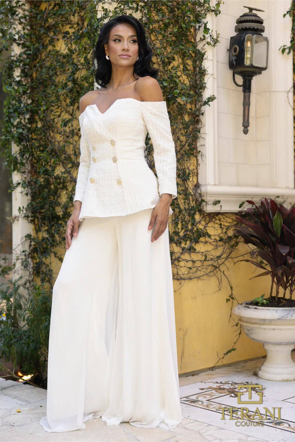 Terani Couture 242E3185 Metallic Lace Off-Shoulder Dress