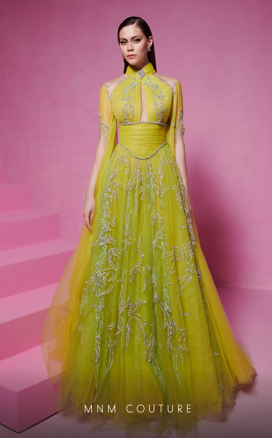 MNM Couture F02844 Embellished Split Sleeve High Neck Dress