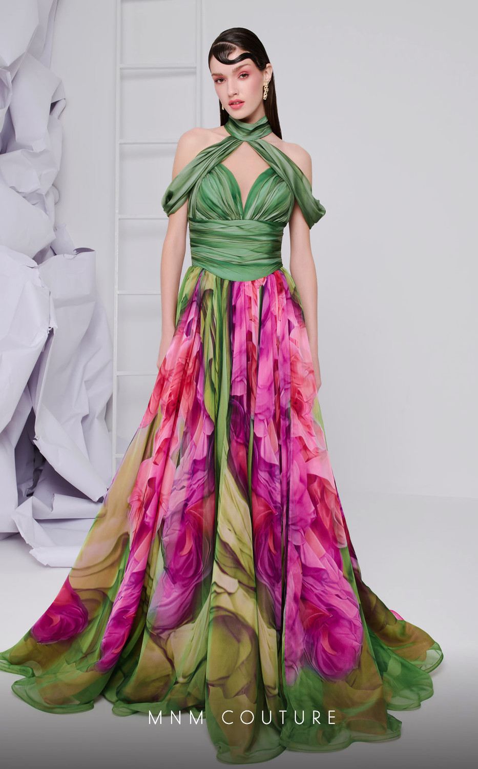 MNM Couture F02864 Printed Chiffon High Neck Ruched Dress