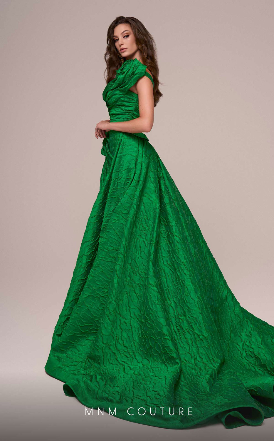 MNM Couture F02877 Jacquard Brocade Puff Long Sleeves Dress