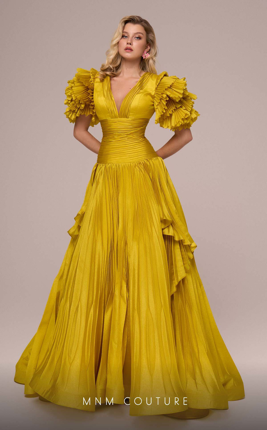 MNM Couture F02885 Taffeta V-neck Ruffled Short Sleeve Dress
