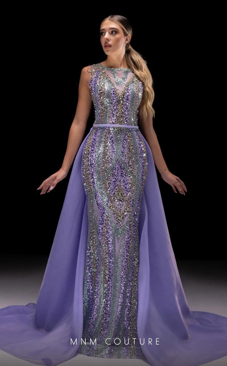 MNM Couture K4220 Mesh Embroidered Halter Neck Long Dress