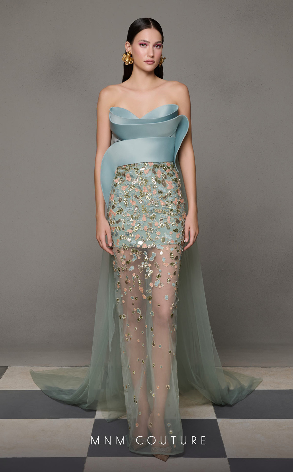 MNM Couture N0625 Tulle Embroidery Strapless Fitted Dress