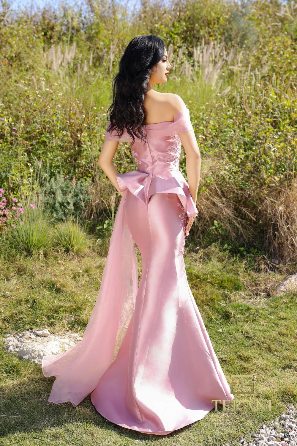 Terani Couture 252M5357 Organza Mikado Off-Shoulder Dress