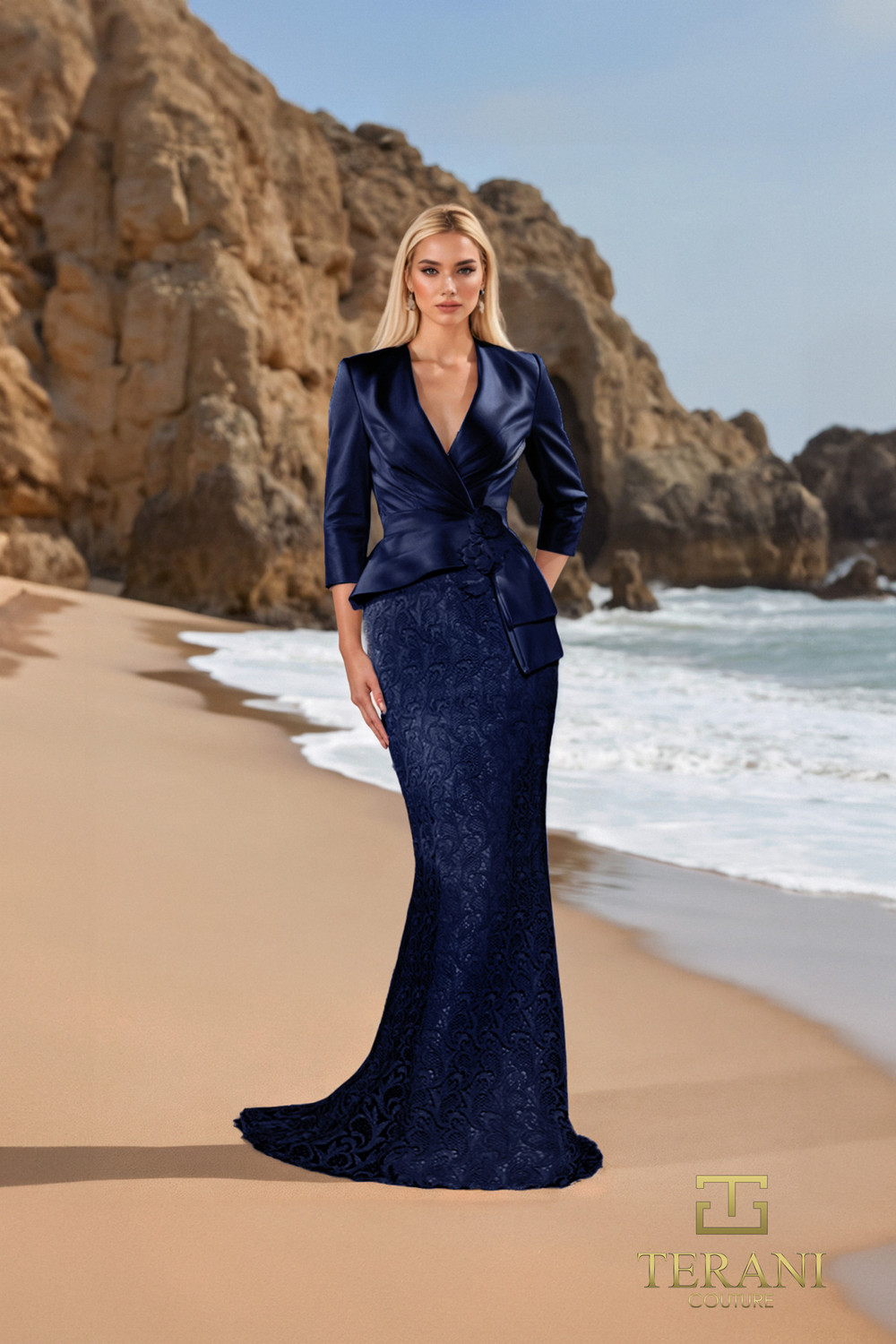 navy lace 3 4 sleeve dress A-line V Neck Ankle Length Lace Satin 3/4 Sleeve Navy Mother of Bride Dress, Sash