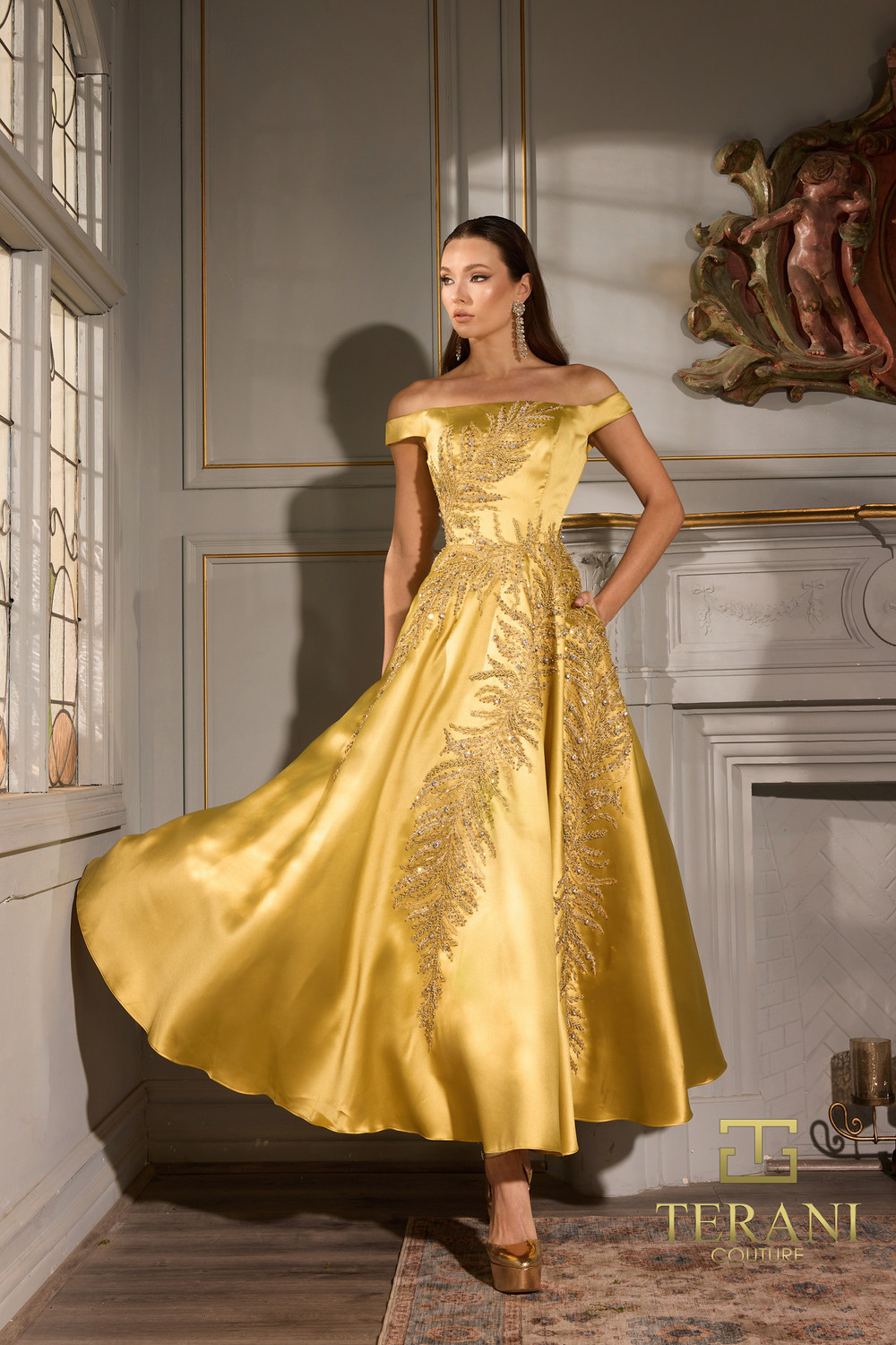 Terani Couture 252C5004 Matte Satin Off Shoulder Long Dress