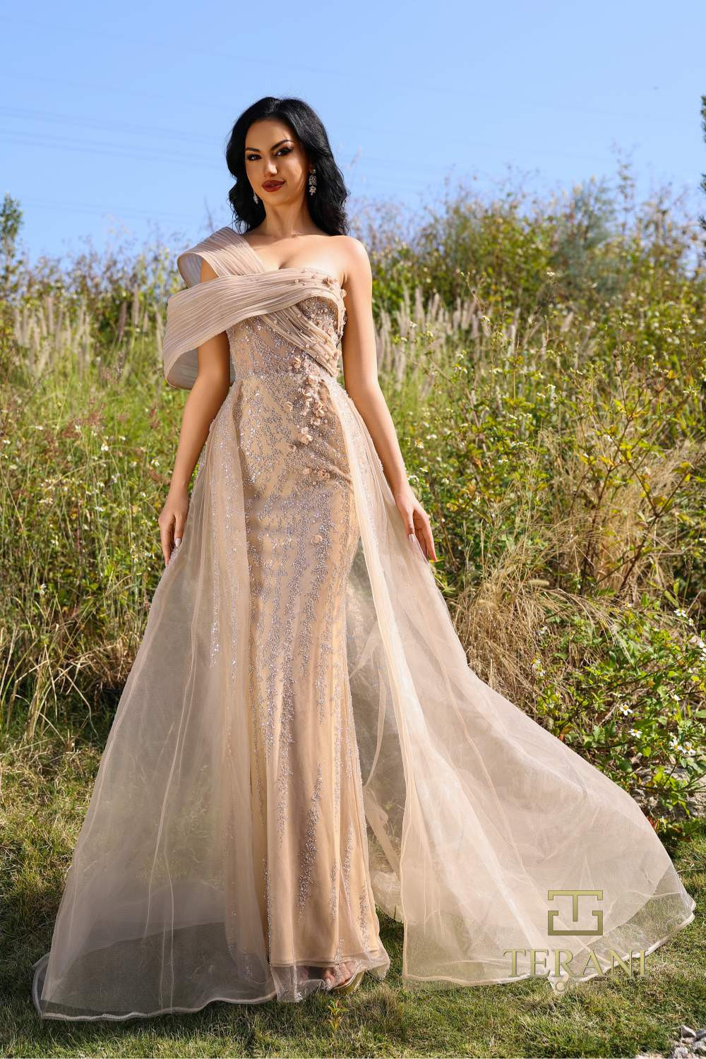 tulle one shoulder wedding dress One-shoulder Flowy A-line Wedding Dress With Draping Bodice, Beaded  Embroidery, Shoulder Tulle Bow / Romantic Bridal Style - (ANONA)