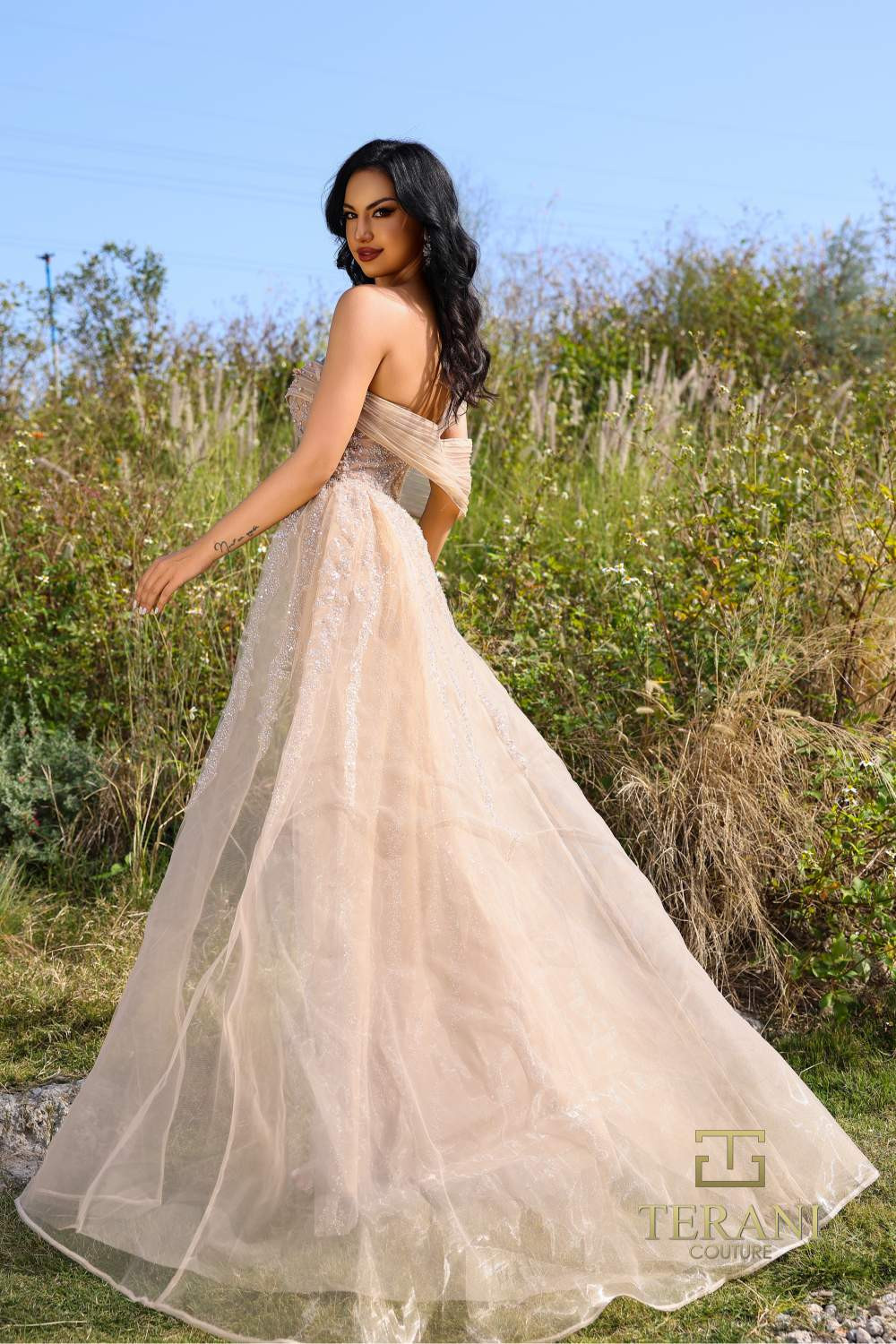 strapless open back dress Unique Beaded One Shoulder Lace Tulle Long Champagne Wedding Dress, White main image 1
