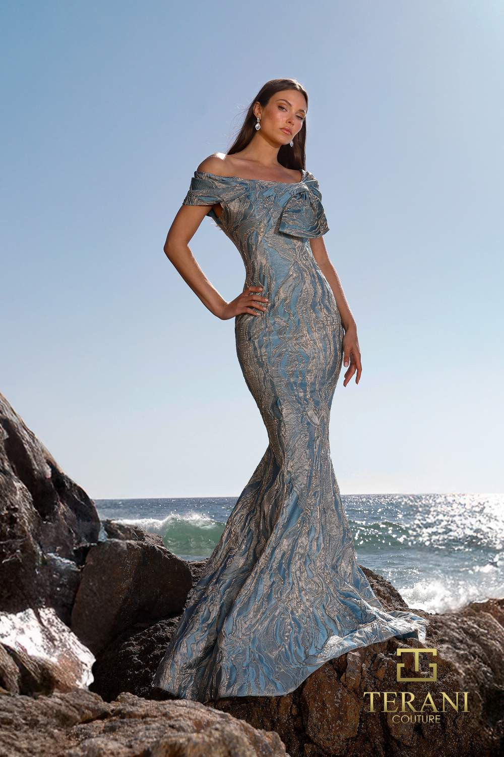 Terani Couture 252M5520 Brocade Asymmetrical Neck Long Dress