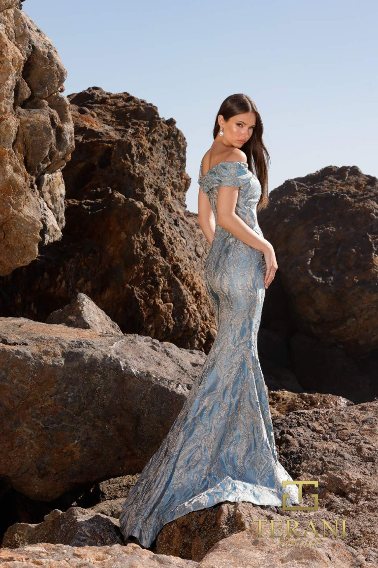asymmetrical neck dresses Terani Couture 252M5520 Brocade Long Dress White