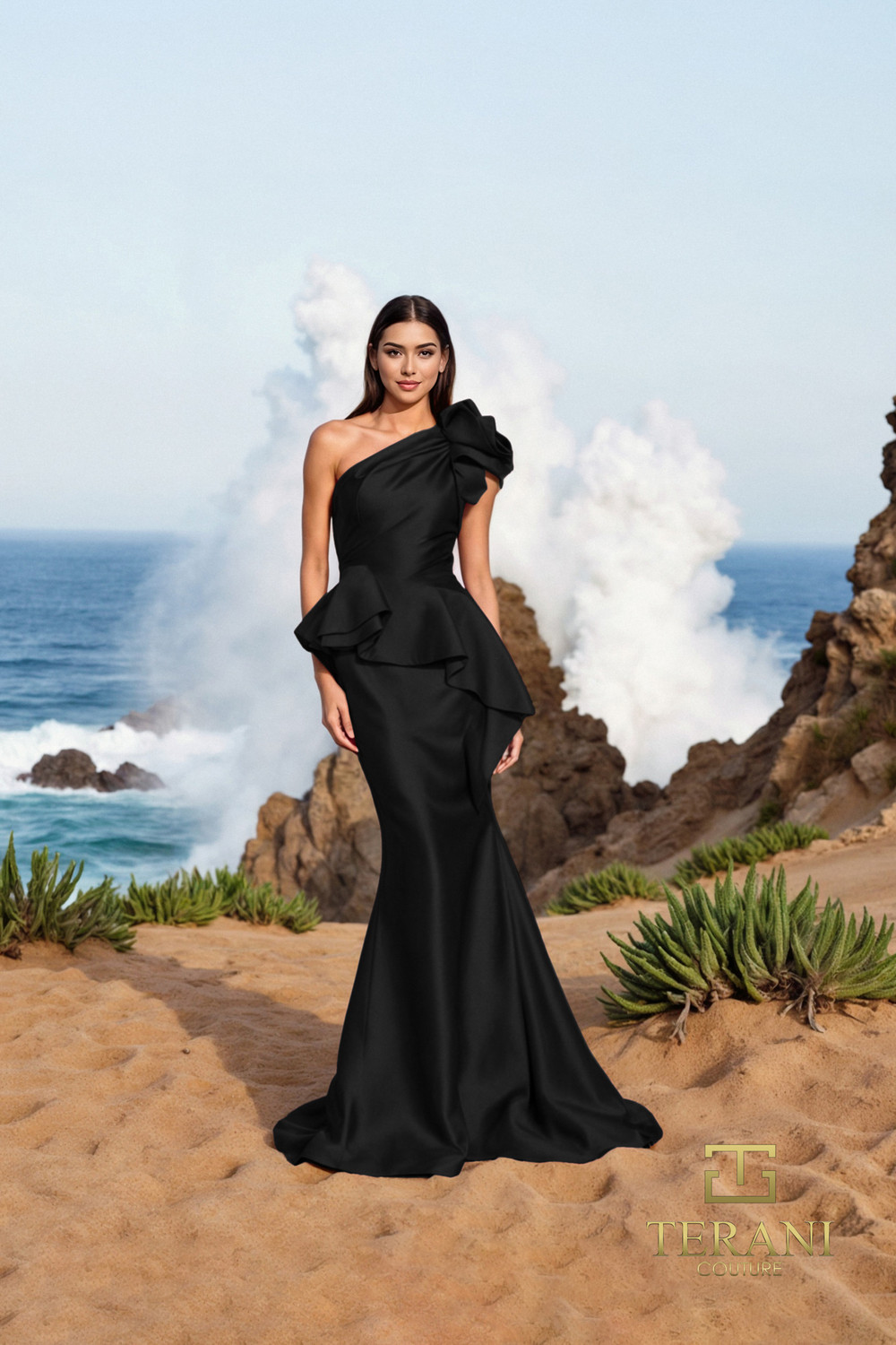 Terani Couture 252E5546 Taffeta Asymmetrical Neck Long Dress Terani Couture 252E5546 Taffeta Asymmetrical Neck Long Dress