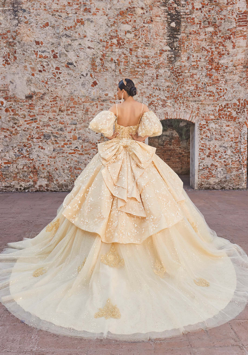 glitter peplum dress Morilee 89537 Vizcaya Quinceanera Ball Gown detachable cape