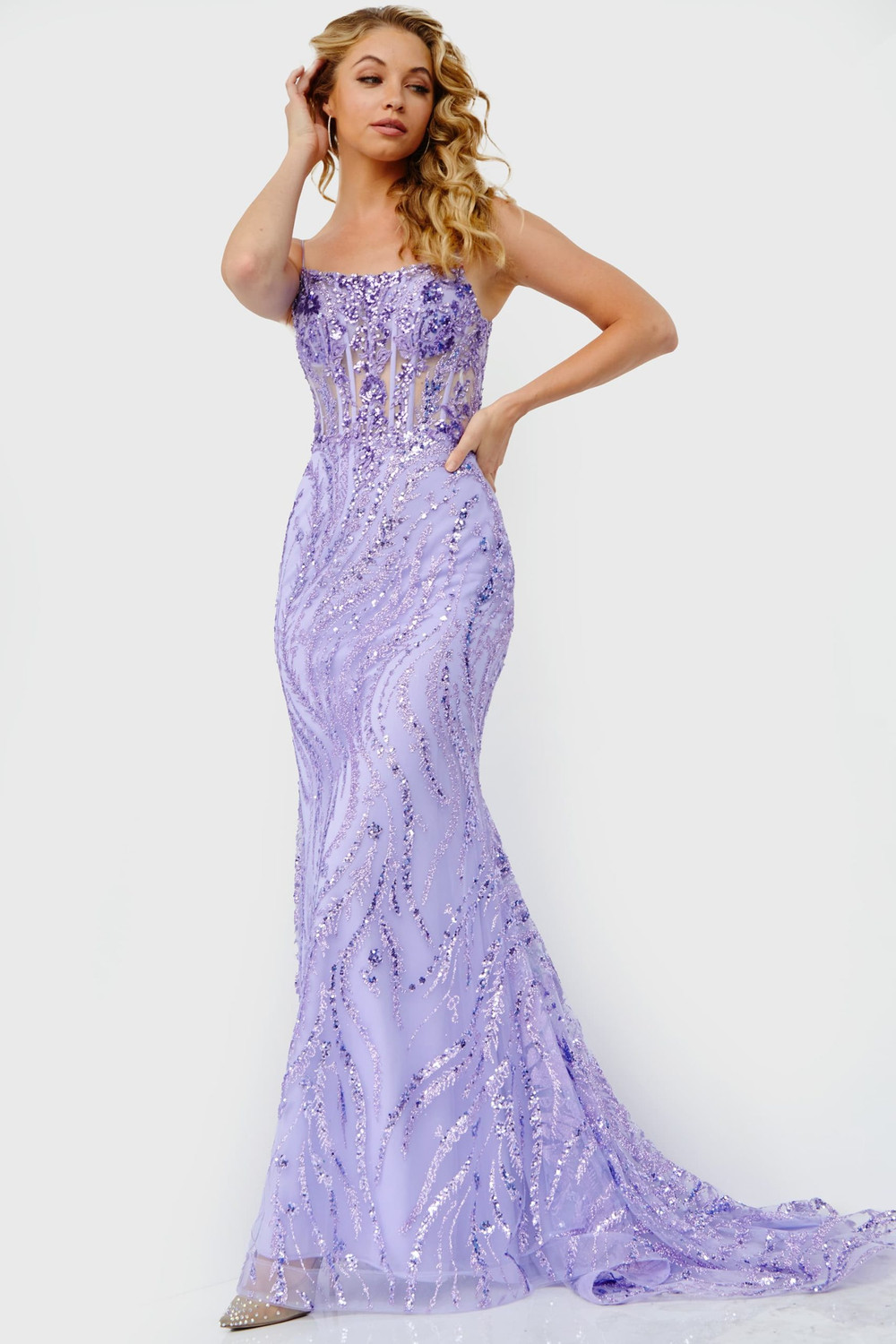 beaded embellished prom dress Jovani 22286 Fully Beaded Embellished V-Neck Tie Back Evening Dress Formal Pageant Gown 22 / Green main image 0
