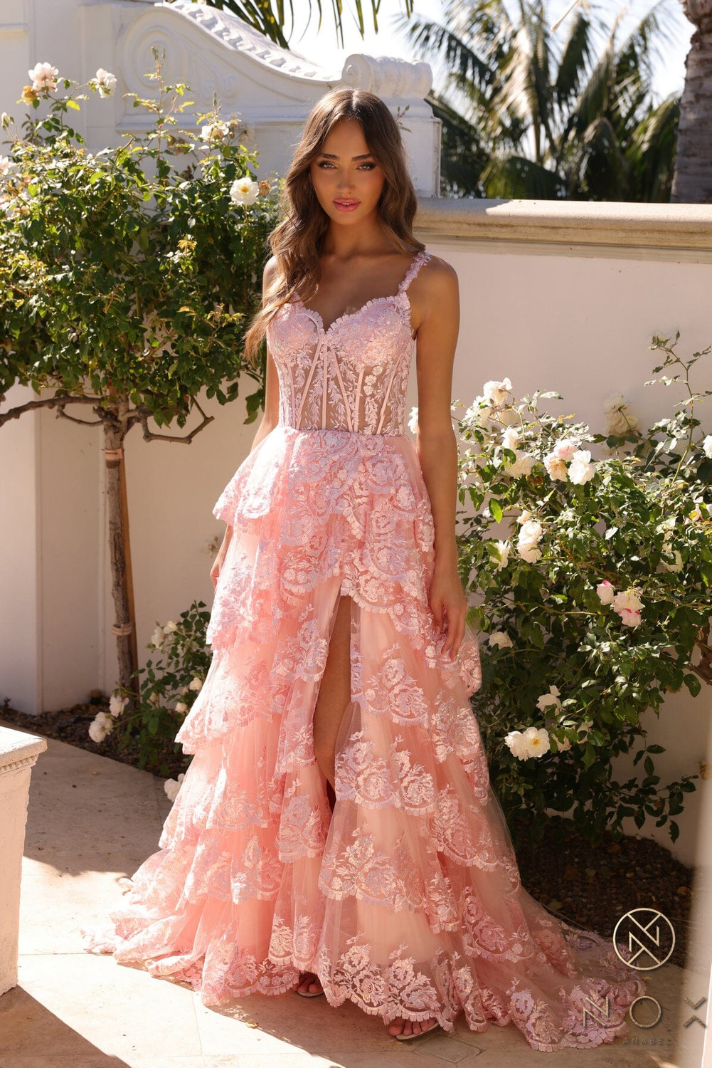 Nox Anabel R1299 Ruffle Lace Tiered Off Shoulder Long Dress