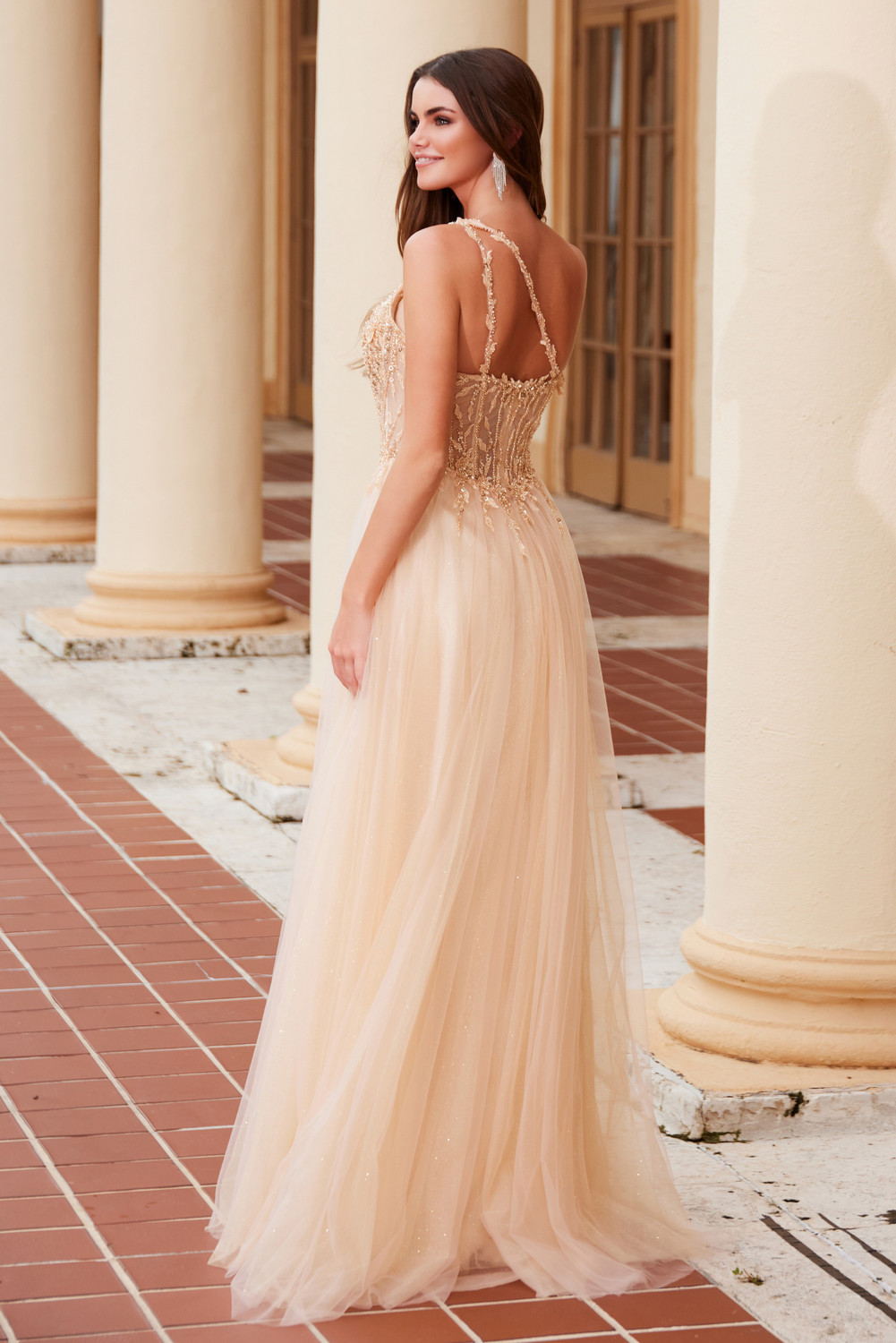 sheer waist prom dress LaDivine CD343 Corset Beaded Formal Long Fitted Evening Dress