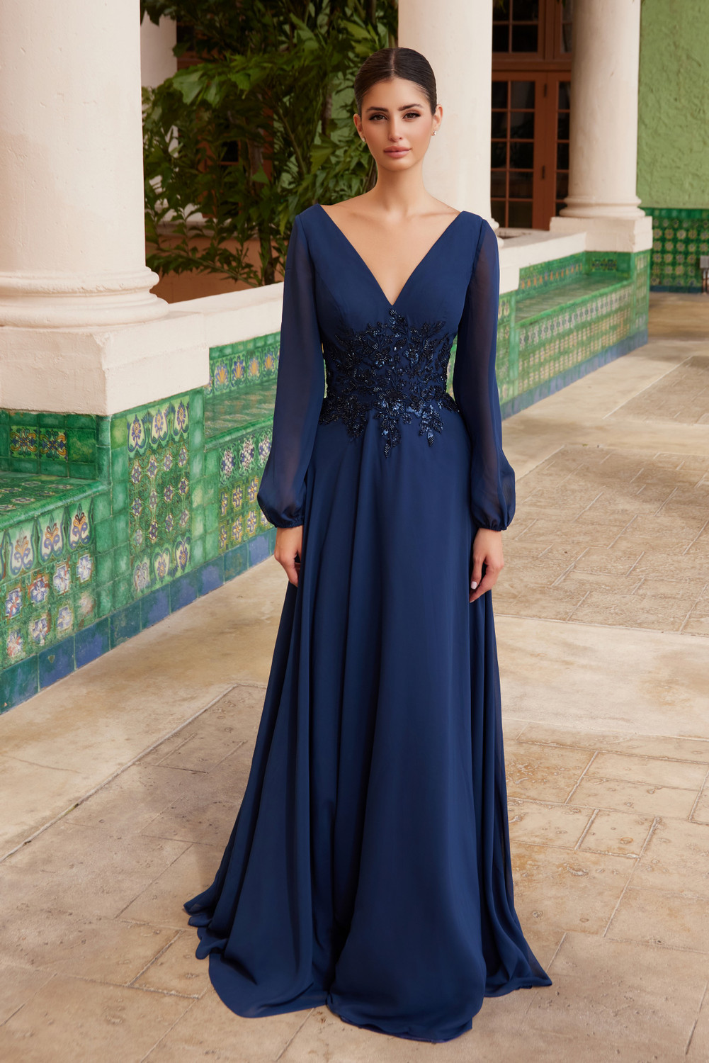chiffon dress near me Nox Anabel -ME151 V-Neck Chiffon Long Sleeves Dress With Embroidery 18W / CAPPUCCINO