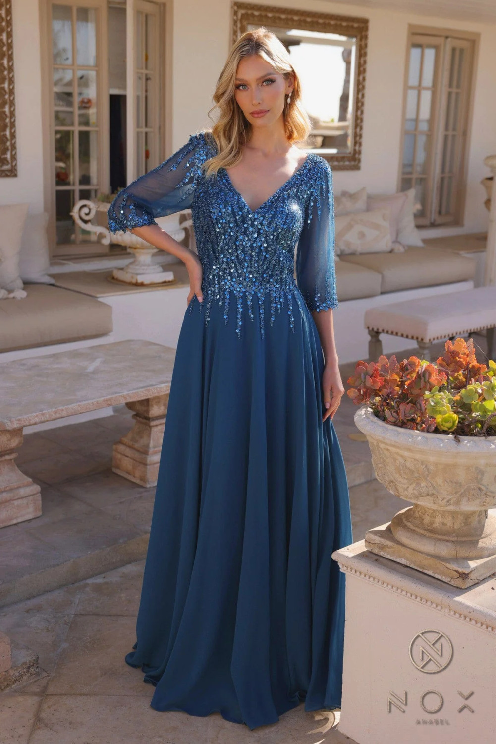 chiffon dress 3 4 sleeve Nox Anabel MF100 Chiffon Sequin V-Neck 3/4 Sleeves Dress