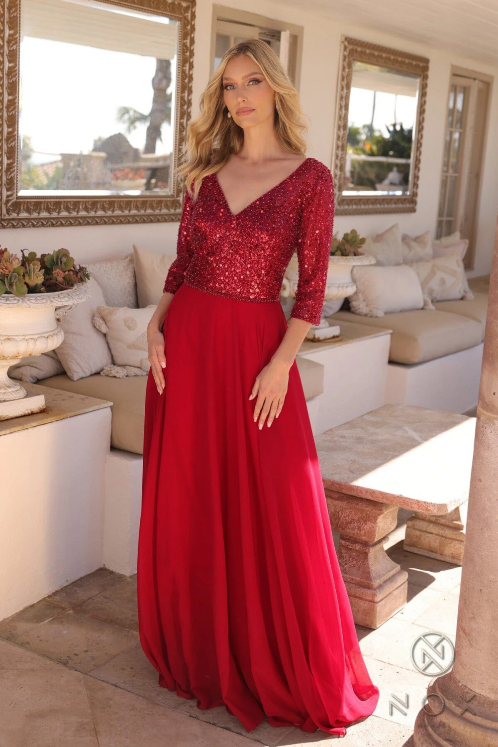 chiffon sparkle dress Nox Anabel MF103 Chiffon Sequin V-Neck 3/4 Sleeves Dress