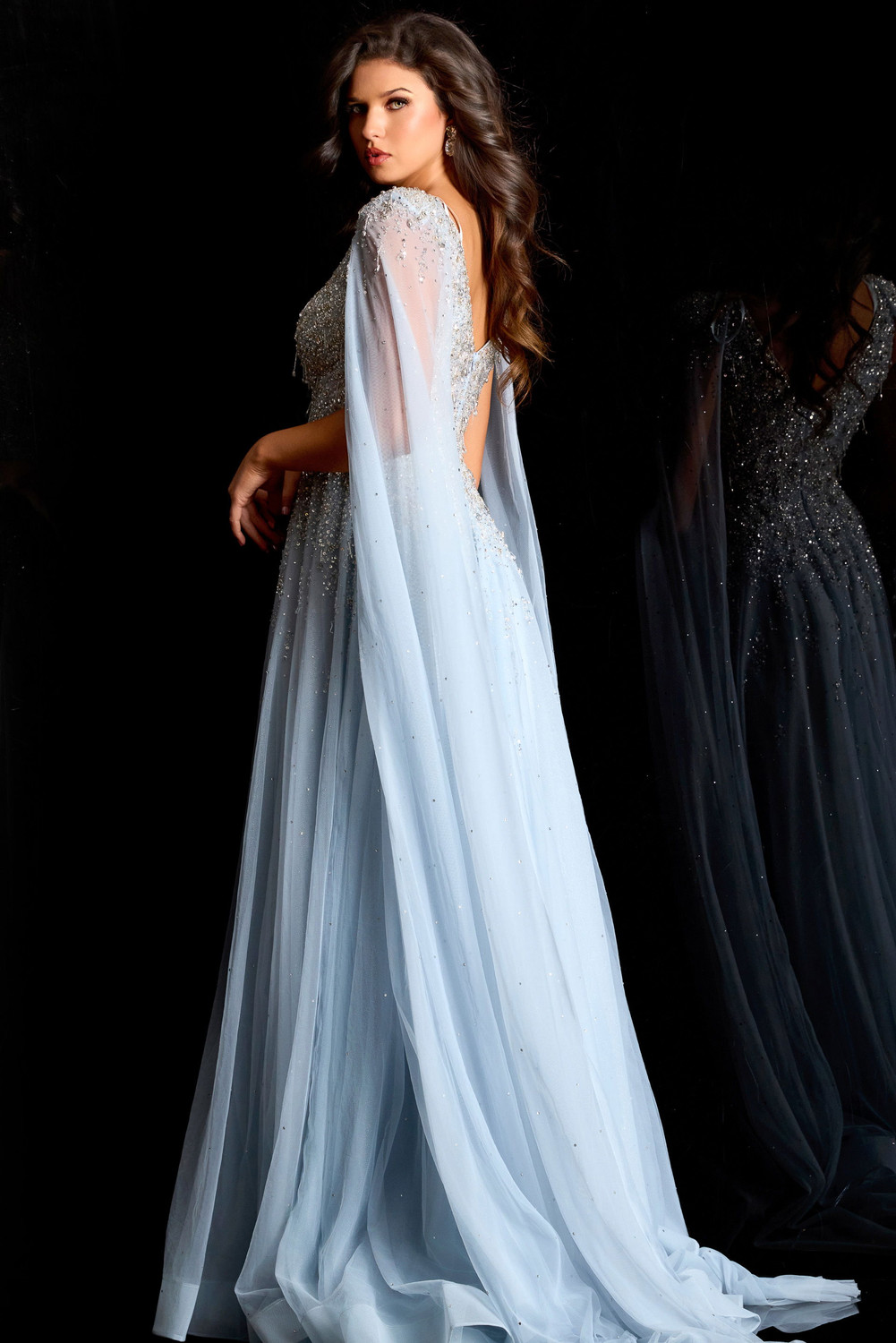 Jovani 45075 Beaded Mesh Tulle V-Neck Sheer Cape Sleeve Gown Jovani 45075 Beaded Mesh Tulle V-Neck Sheer Cape Sleeve Gown