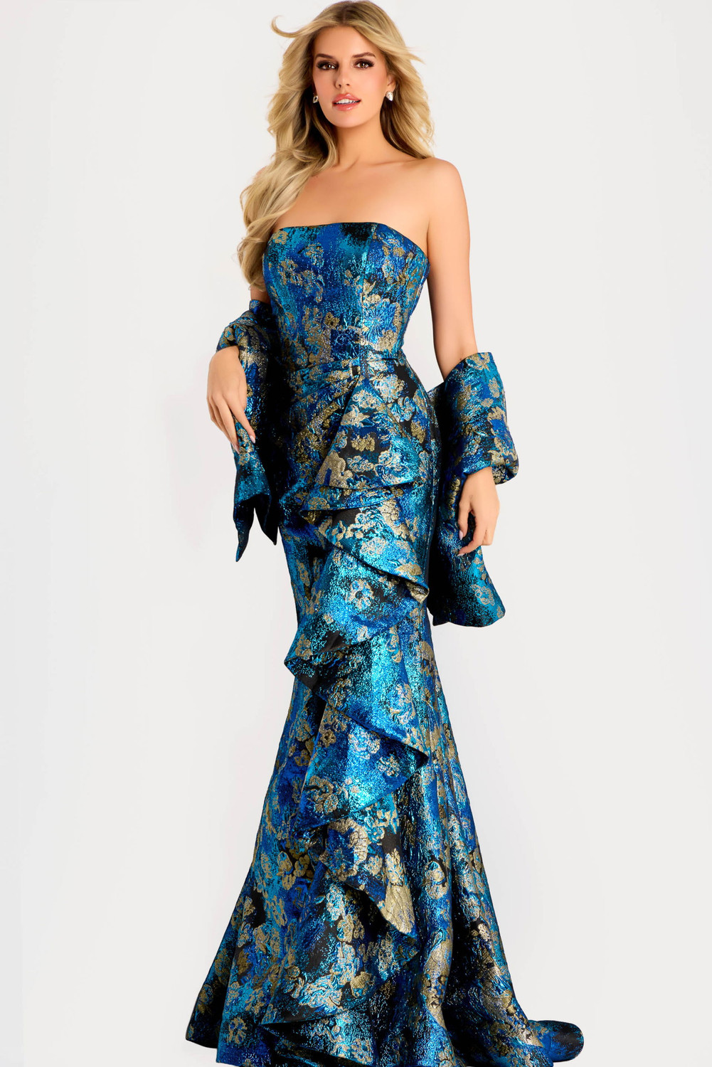 Jovani 48706 Metallic Jacquard Ruffled Strapless Long Gown Jovani 48706 Metallic Jacquard Ruffled Strapless Long Gown