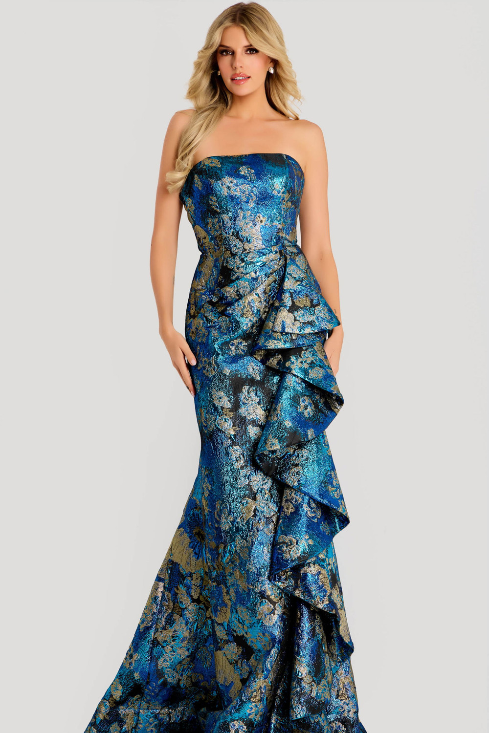 david meister one shoulder metallic dress ONE SHOULDER METALLIC LACE COLUMN GOWN