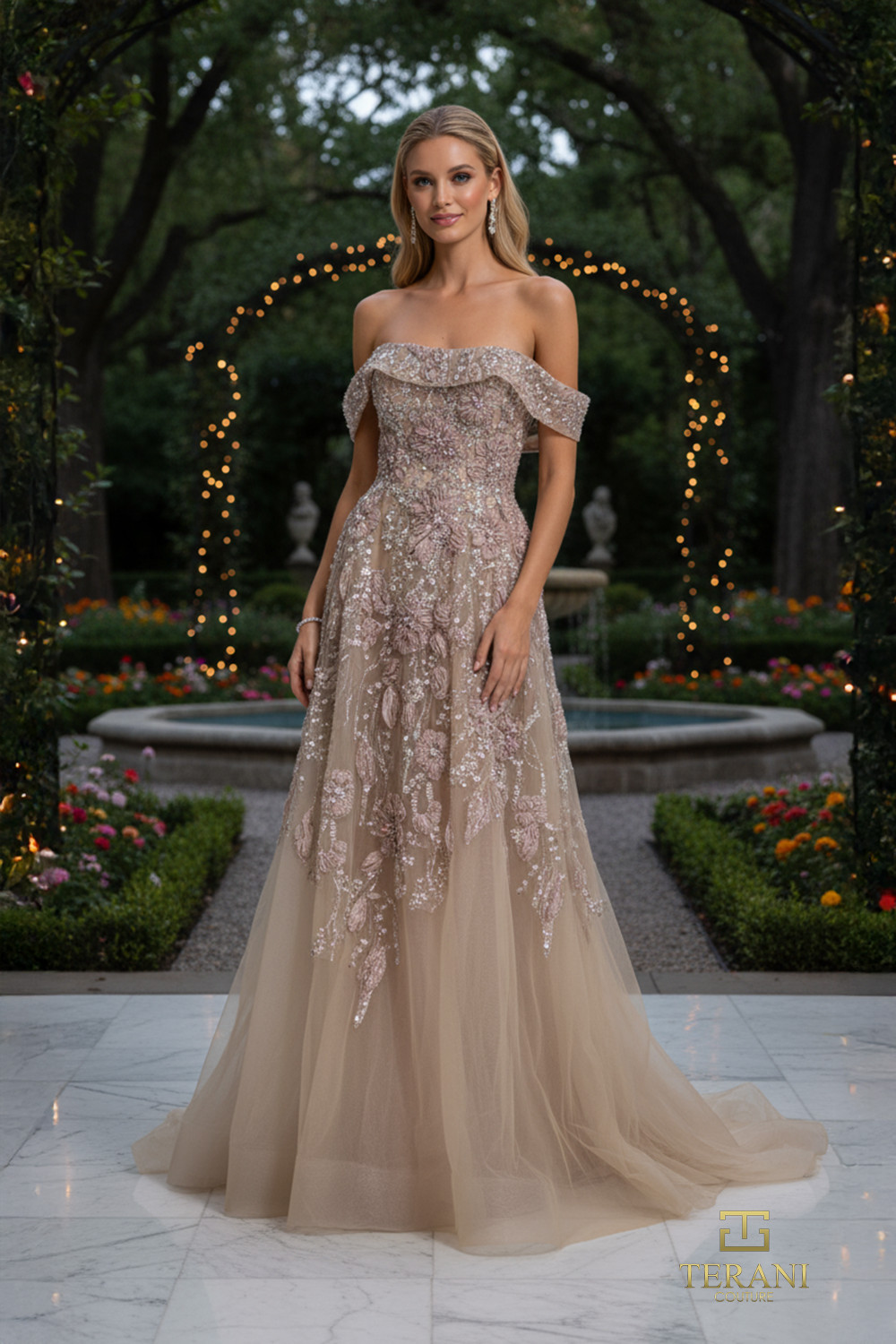 Terani Couture 261M6435 Beaded Tulle Off Shoulder Long Gown