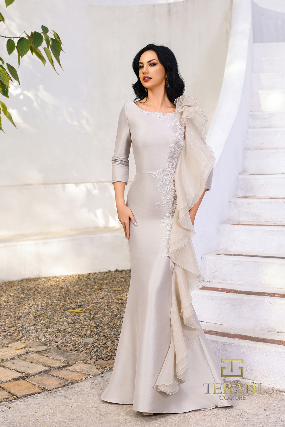Terani Couture 252M5353 Mikado Long Sleeves Fitted Dress