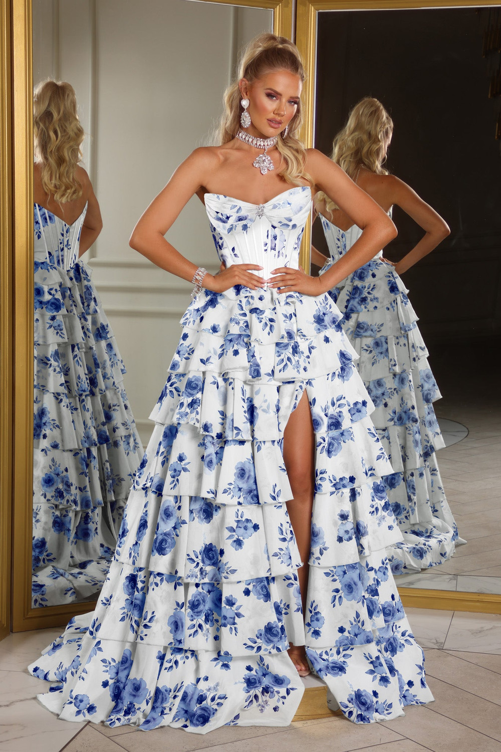 open lace back dress Fuchsia Organza Strapless Tiered Prom Dresses, MP973