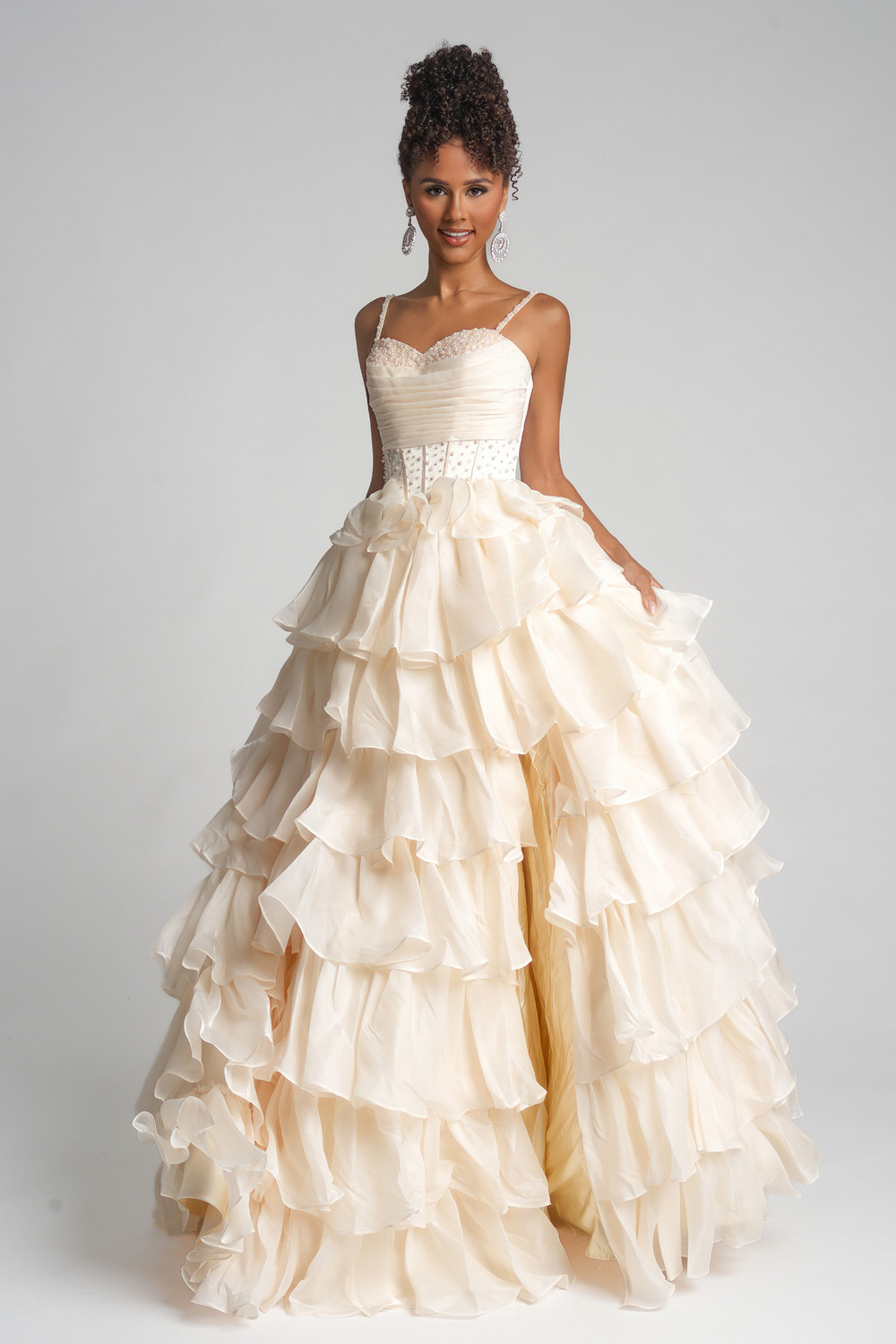 open lace back dress Strapless Beaded Lace Ruffled Organza Trumpet Pearl Pink Wedding Dress, White main image 0