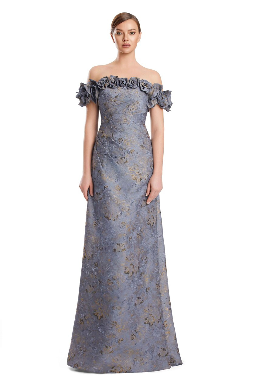 Alexander by Daymor 3216 Brocade 3D Flower Off Shoulder Gown Alexander by Daymor 3216 Brocade 3D Flower Off Shoulder Gown
