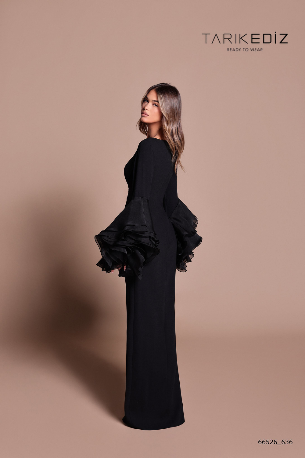 Tarik Ediz 66526 Crepe Organza Long Ruffle Sleeves Dress